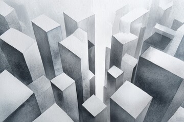 Poster - Watercolor Abstract Grey City Blocks - Symbolic representation of urban density, architectural structures, modernity, geometric patterns, and a sense of perspective