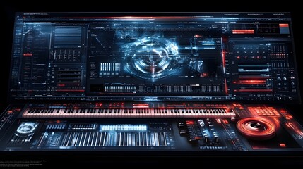 Poster - Futuristic digital audio workstation with a large screen displaying dynamic data visualizations and a sleek keyboard with illuminated controls. Perfect for music production and technology concepts.
