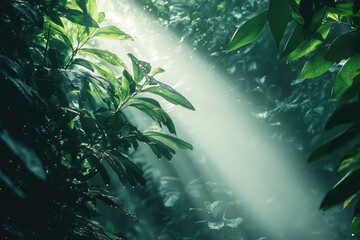 Aufkleber - Sunbeam illuminates lush, verdant rainforest foliage, creating a mystical atmosphere.