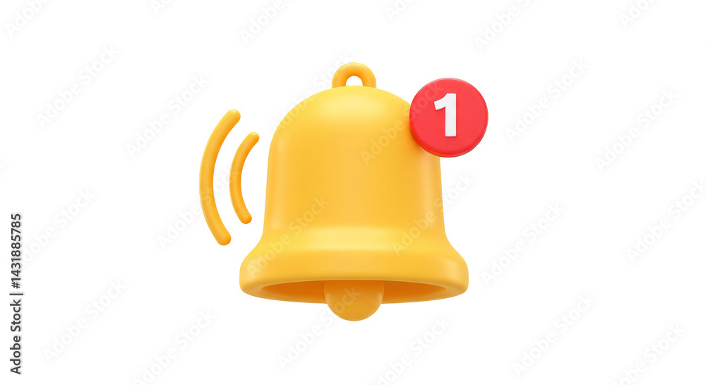 Yellow 3D Bell Icon With Notification isolated on transparent ...