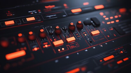 Poster - Close-up of a futuristic synthesizer with glowing orange controls and knobs.  Sleek dark design, perfect for music production or technology concepts.