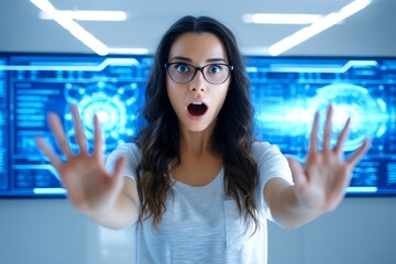 Poster - Woman Surprised by Interface - A young woman with glasses expresses surprise and awe as she interacts with a futuristic interface, symbolizing technology, innovation, discovery, wonder, and the future
