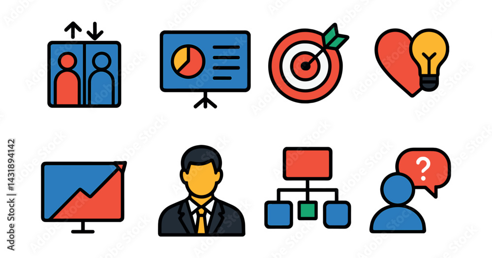 Pitch Session Icon Flat vector icons of startup pitching: elevator pitch, slide deck ...