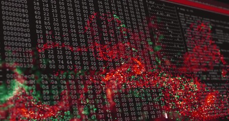 Poster - Digital virus cluster pulsating over scrolling hex code and binary code, with flat design pixels