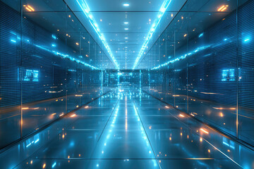 Poster - A futuristic, reflective corridor illuminated with vibrant blue and orange lights, creating a sense of depth and technological advancement.