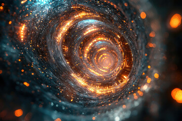 Fototapete - A swirling vortex of vibrant orange and blue energy, a mesmerizing cosmic tunnel of light and particles.