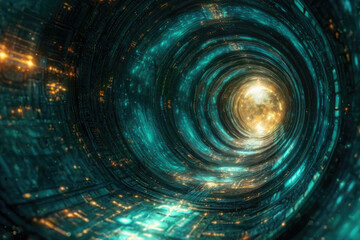 Poster - A mesmerizing digital tunnel, swirling teal and gold lights leading to a bright, starlit destination.