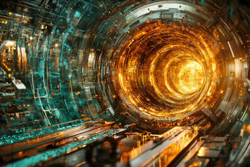 Aufkleber - A futuristic, glowing tunnel of intricate circuitry and digital data streams, radiating vibrant orange and teal.