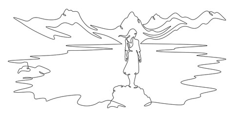Poster - continuous one line drawing woman on the shore of a mountain lake. lake at the foot of high mountain