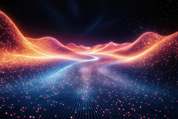 Poster - Glowing particle landscape with a winding path under a starry night sky.