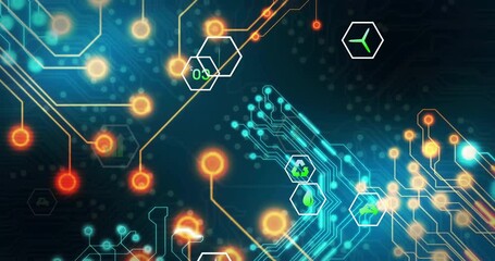 Poster - Glowing turquoise circuits branching from center hub, showcasing eco icons inside hex frames