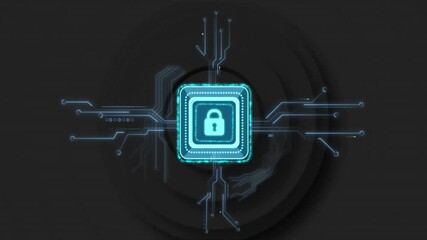 Poster - glowing padlock icon floating in microchip with neon circuit traces extending in 3D render