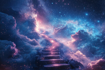 Poster - a celestial staircase ascends through vibrant clouds and a starry expanse, symbolizing dreams and as