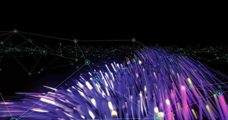 Poster - Glowing 3D data strands weaving toward viewer, connecting neon network nodes in virtual 3D render