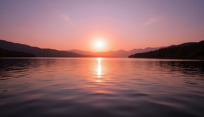 Wall Mural - Serene Sunset Over Lake with Warm Glow and Mountain Reflections