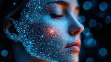Poster - Digital Face:  A futuristic portrait of a woman with a network overlay, representing technology and human connection in the digital age.