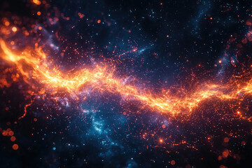 Poster - Fiery cosmic stream, swirling energy, vibrant orange and blue hues, glittering particles in dark space.