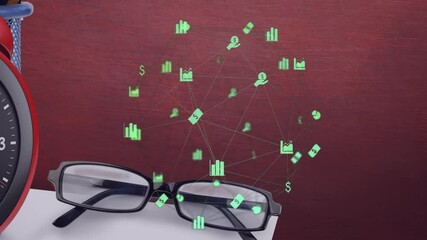 Aufkleber - black-framed eyeglasses featuring floating green finance icons over red wall, showing marketing