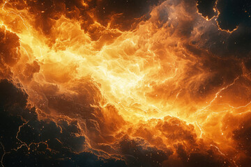 Poster - Fiery cosmic clouds with bright lightning streaks illuminate the dark expanse of space.