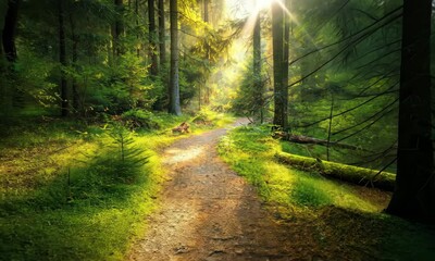 Wall Mural - serene forest path illuminated by sunlight, featuring wooden bench