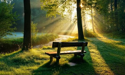 Wall Mural - serene forest scene with sunlight filtering through trees onto bench beside stream