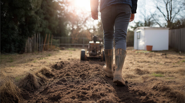 Farmer trudging behind motorized cultivator, tilling fertile garden soil with rubber boots