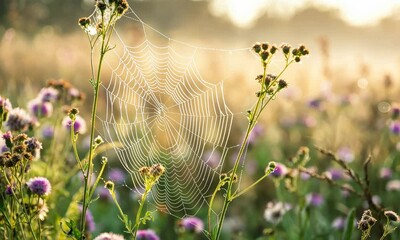 Wall Mural - spider web on wildflowers in sunlit field during misty morning