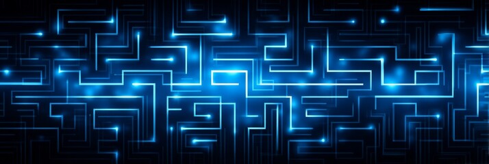 Poster - Abstract Maze: Interconnected Circuitry Pattern - A complex network of glowing blue lines forming an abstract maze. Symbolizing technology, connection, complexity, navigation, and innovation