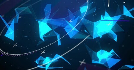 Poster - 3D render glowing blue triangles floating in digital space with lines, light trails, purple streak