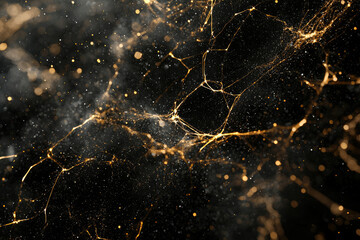 Fototapete - Abstract background with golden particles and glowing lines forming a dynamic network in dark space.