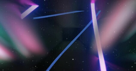 Poster - Thick curved blue beam arcing diagonally across cosmic illustration with pink-green aurora glowing