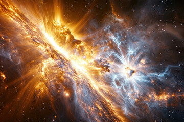 Poster - A cosmic collision of celestial bodies, creating a breathtaking display of vibrant energy and light in deep space.