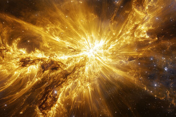 Poster - A radiant cosmic explosion, golden nebulae burst outwards in a dazzling display of celestial energy and stardust.