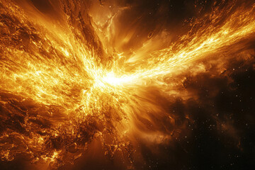 Fototapete - Fiery cosmic explosion, swirling nebula with intense golden light and dark space backdrop.