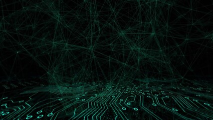 Poster - Neon green digital network mesh glowing in dark scene, forming interconnected circuit traces