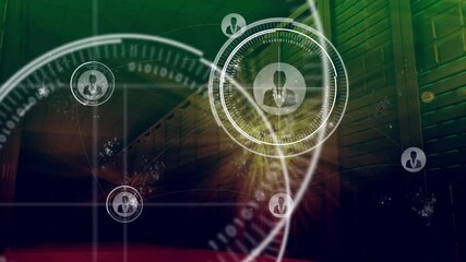 Poster - Futuristic network visualization animating HUD circles with business icons flowing binary code arcs