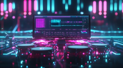 Poster - Neon-lit futuristic music studio setup. A digital audio workstation displays on a screen, in front of a drum kit, all bathed in vibrant pink and blue lighting.