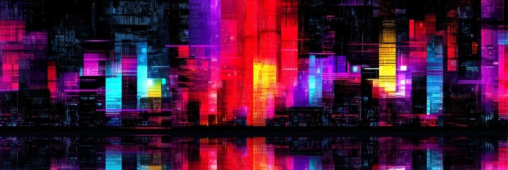 Poster - Neon Cityscape Reflection - Vibrant neon lights illuminate a futuristic cityscape reflected in a still body of water. art, abstract, colorful