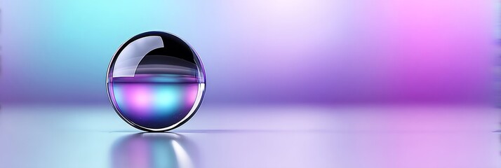 Poster - Reflective Sphere with Neon Glow - A sleek, reflective sphere filled with vibrant neon blue and purple liquid sits on a smooth, light purple surface