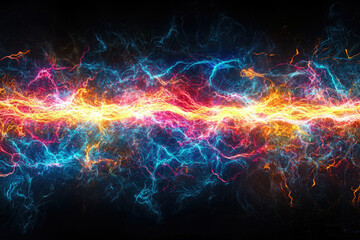 Fototapete - A vibrant, abstract depiction of colliding energy streams, showcasing a dynamic interplay of blue and orange electric currents.