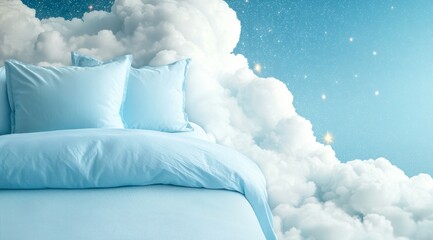 Wall Mural - bed with pillows and a blue comforter with a cloud and stars in the background