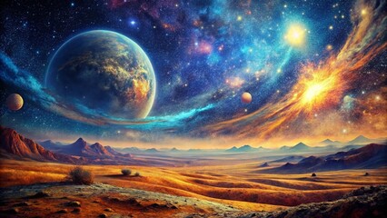 Wall Mural - Vintage Starry Night Alien Planet Landscape - Retro Sci-Fi Space Scene