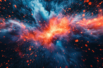 Poster - A vibrant explosion of fiery orange and cool blue hues, resembling a cosmic event or fireworks display.