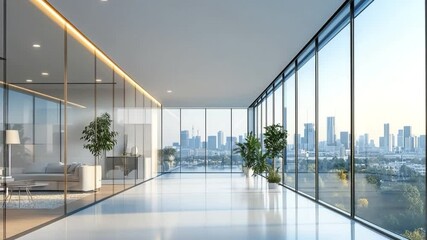 Poster - Modern Office Interior: Captivating the essence of contemporary work environments, this image showcases a bright and airy office space with floor-to-ceiling windows offering stunning cityscape views.