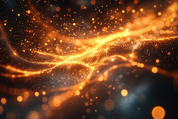 Poster - Abstract wave of glowing particles, vibrant orange and gold hues on a dark background.