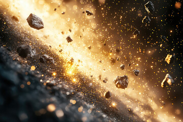 Poster - Glowing cosmic debris field with dark rocks and golden particles, a celestial spectacle.