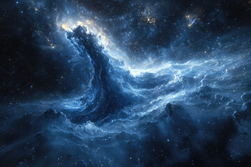 Poster - A breathtaking cosmic landscape of nebulae and stars, swirling in a vibrant blue hue.