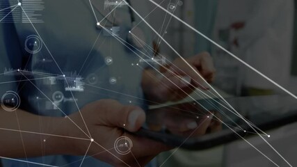 Poster - Healthcare professionals tapping tablet in clinic, displaying digital network lines, chart graphics