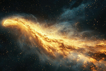 Poster - A vibrant cosmic nebula, swirling with golden hues and embedded within a dark, star-studded expanse.