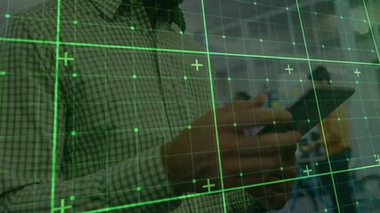 Poster - Male office worker interacting with tablet, displaying green grid overlay enhancing tech demo